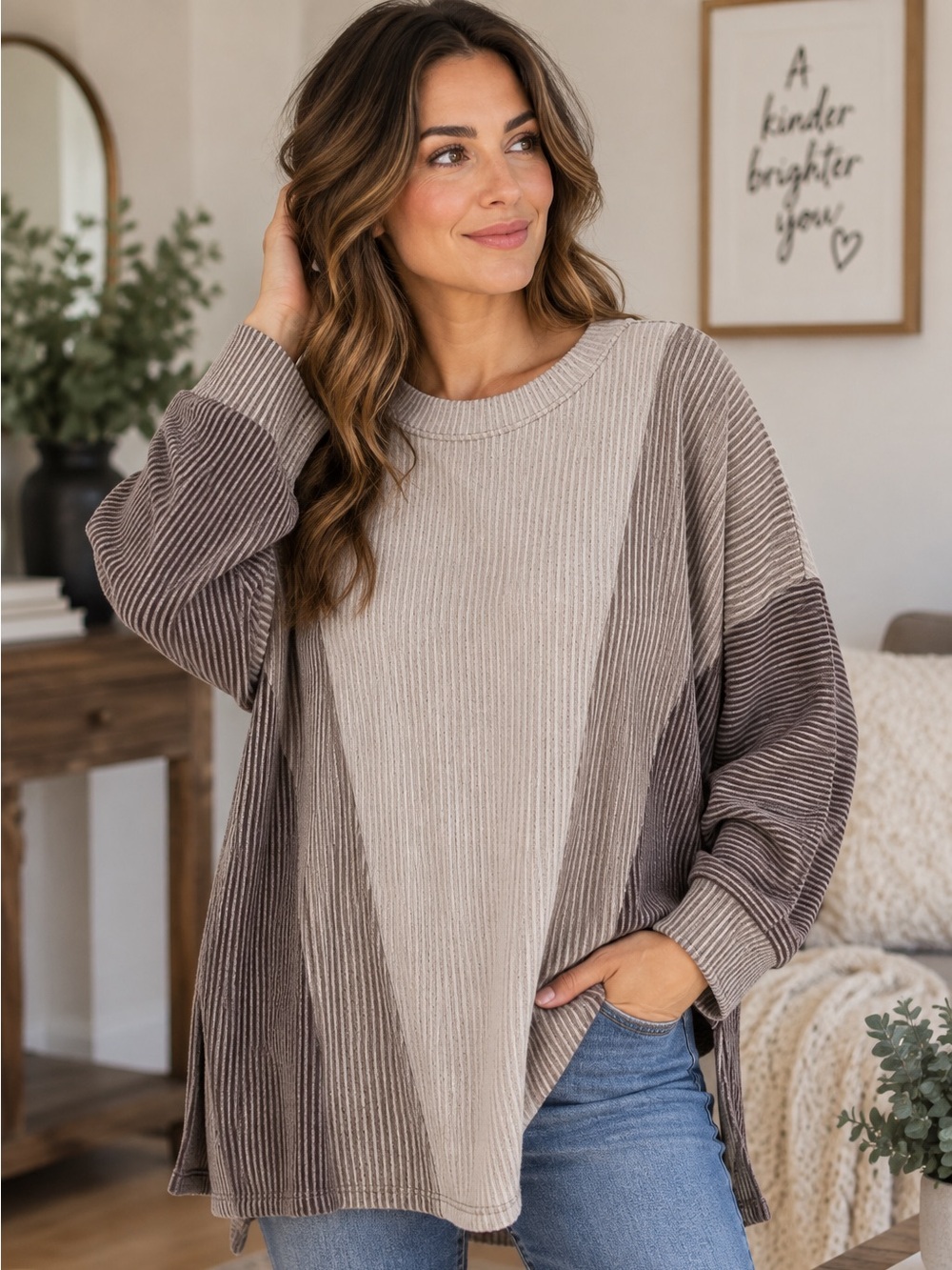 Très Bien Ribbed Colorblock Oversized Long Sleeve Tunic Top